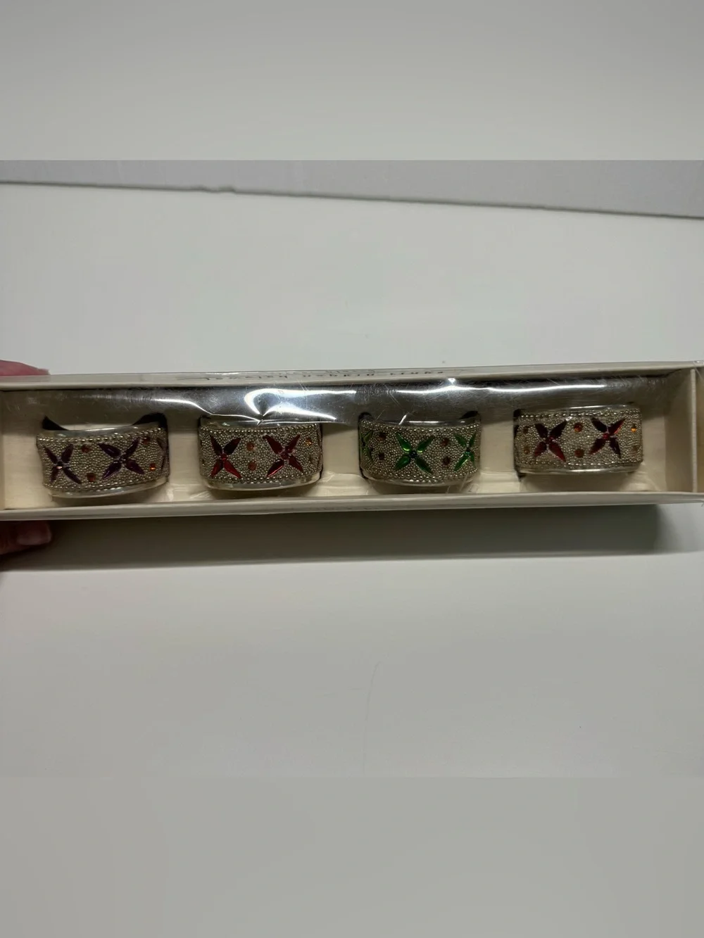 NIB Pier 1 Exclusive Jeweled Napkin Rings Silver Plated Set of 4